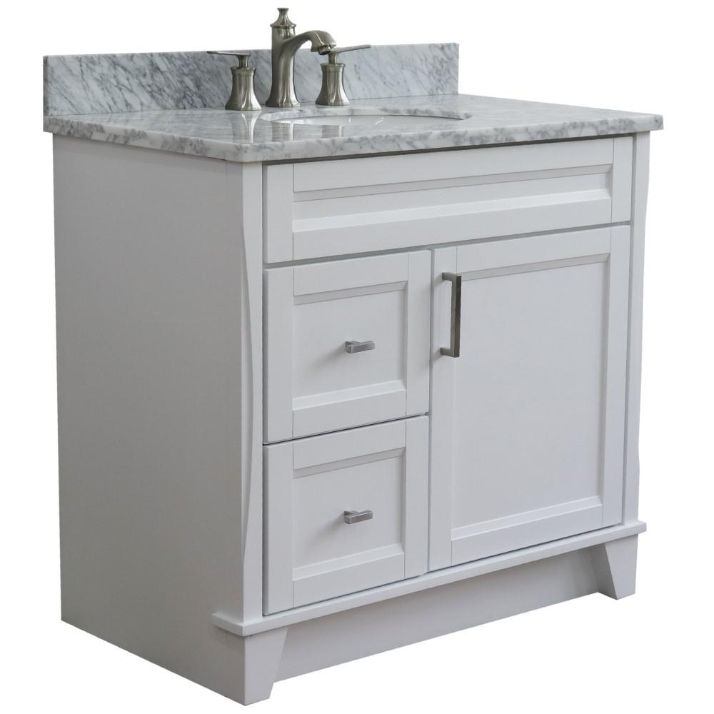 Single sink vanity in White with White Carrara marble and CENTER oval sink. Picture 7