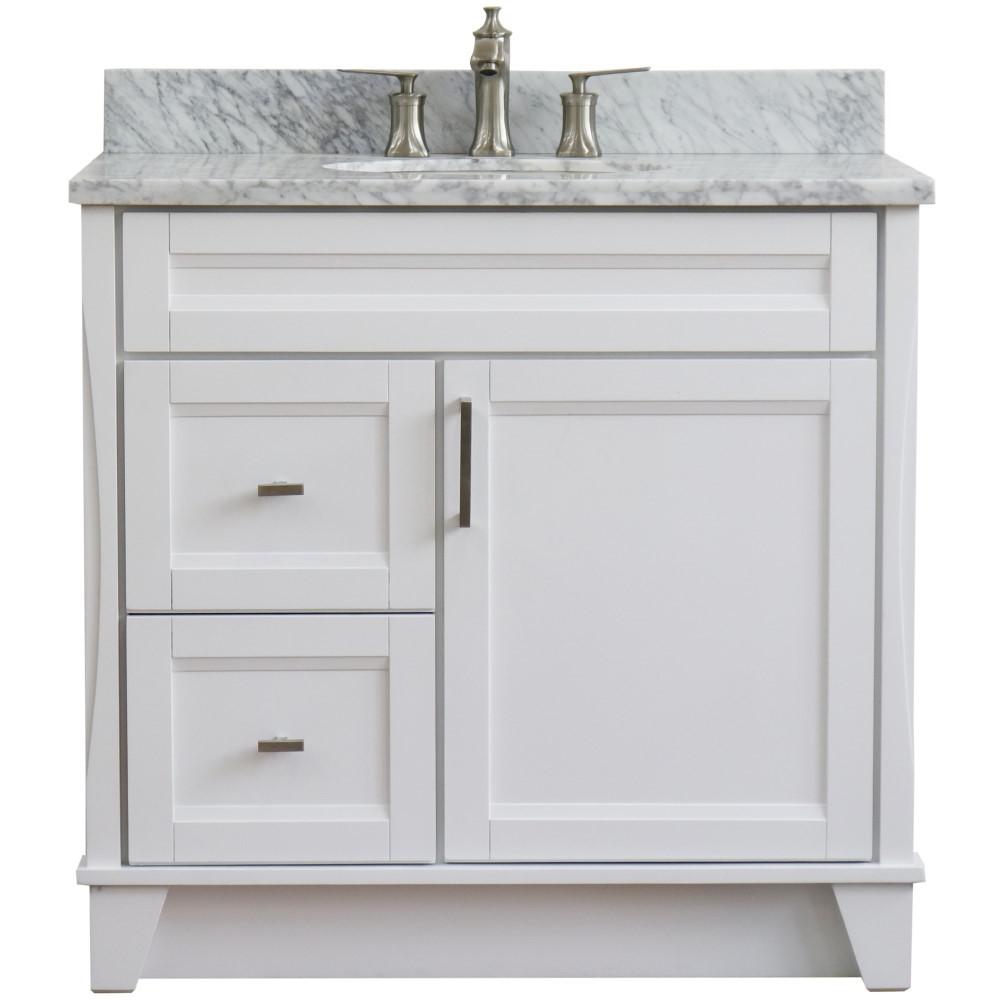 Single sink vanity in White with White Carrara marble and CENTER oval sink. Picture 10