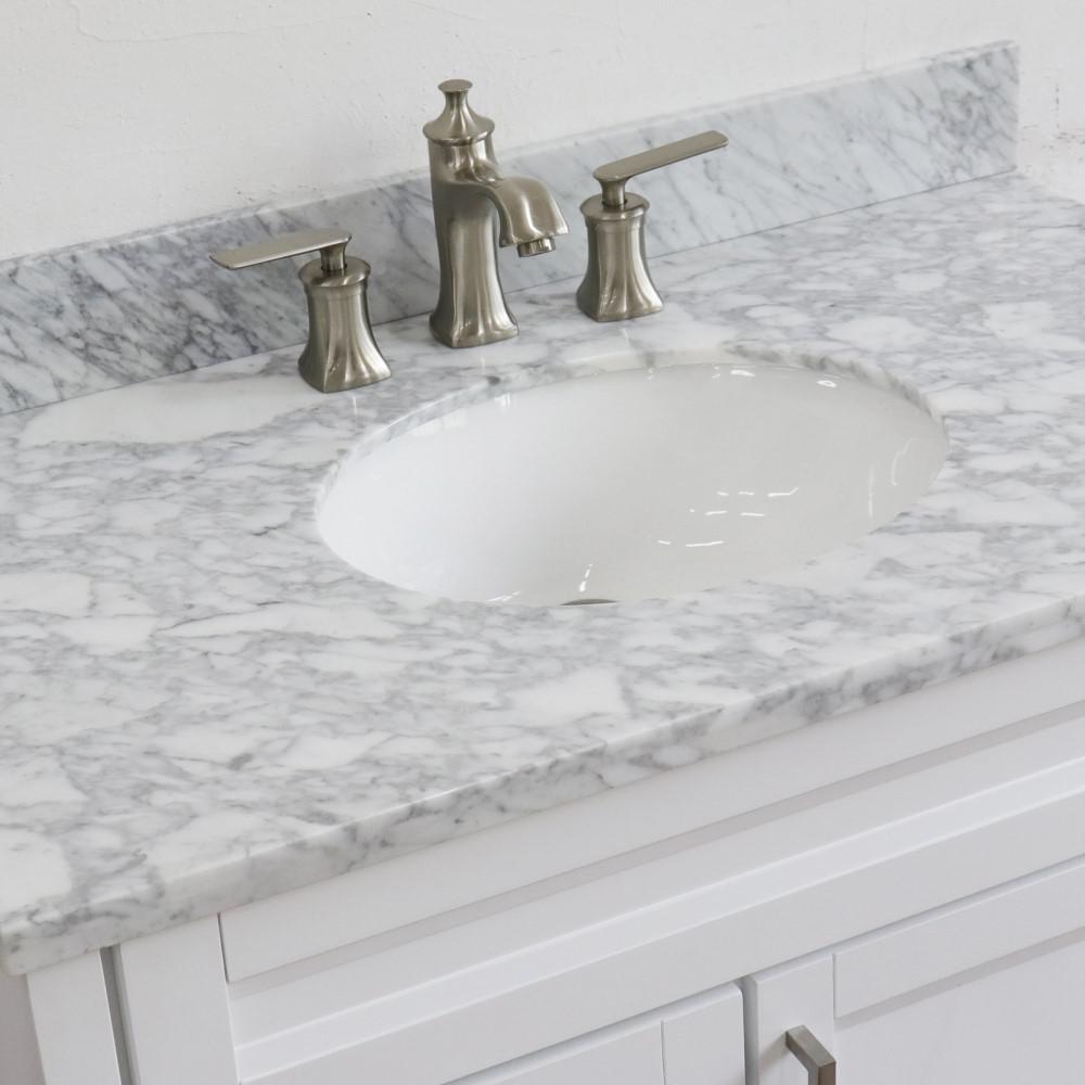 Single sink vanity in White with White Carrara marble and CENTER oval sink. Picture 11