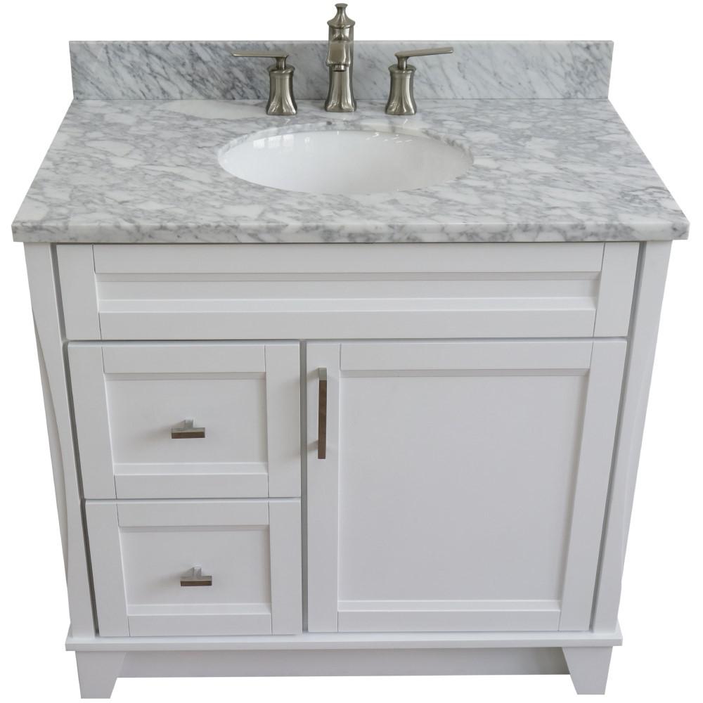 Single sink vanity in White with White Carrara marble and CENTER oval sink. Picture 13
