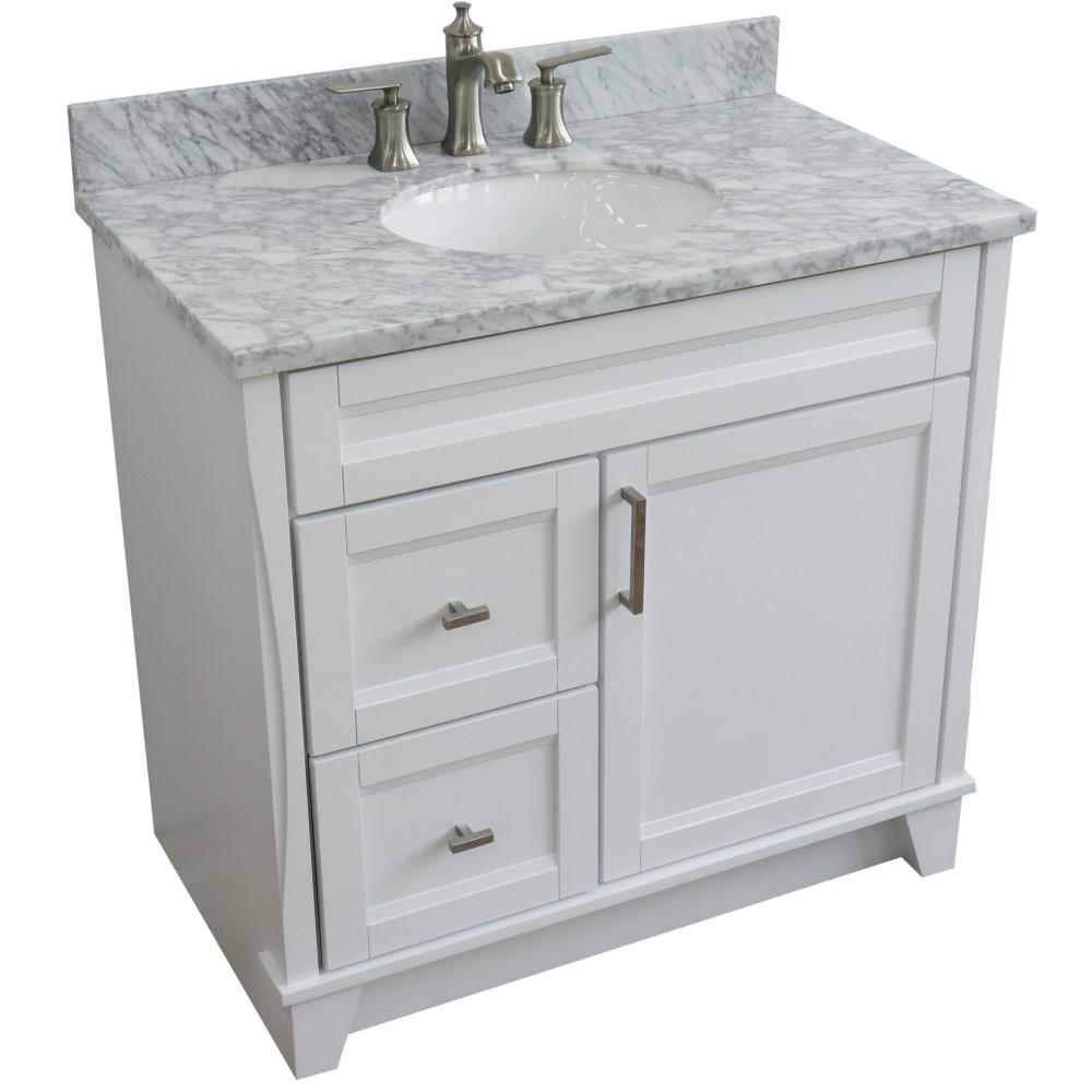Single sink vanity in White with White Carrara marble and CENTER oval sink. Picture 14