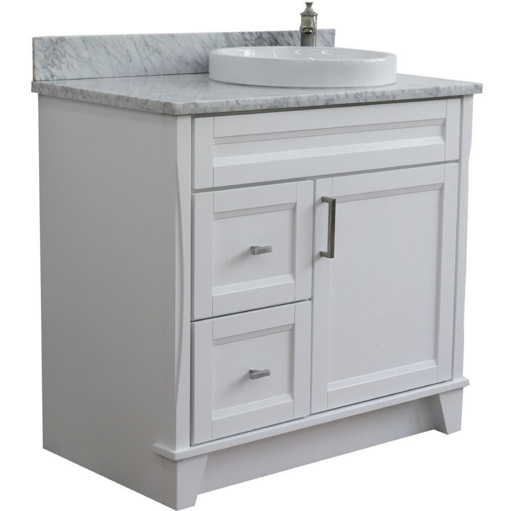 Single sink vanity in White with White Carrara marble and LEFT round sink. Picture 6