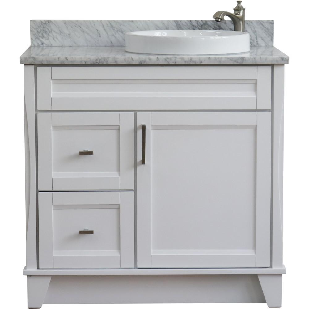 Single sink vanity in White with White Carrara marble and LEFT round sink. Picture 8