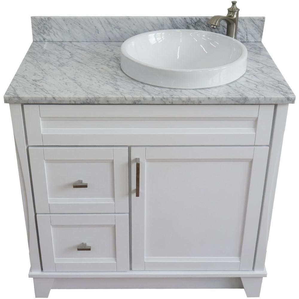 Single sink vanity in White with White Carrara marble and LEFT round sink. Picture 11