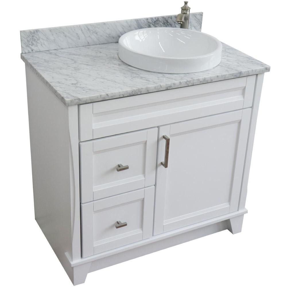 Single sink vanity in White with White Carrara marble and LEFT round sink. Picture 12