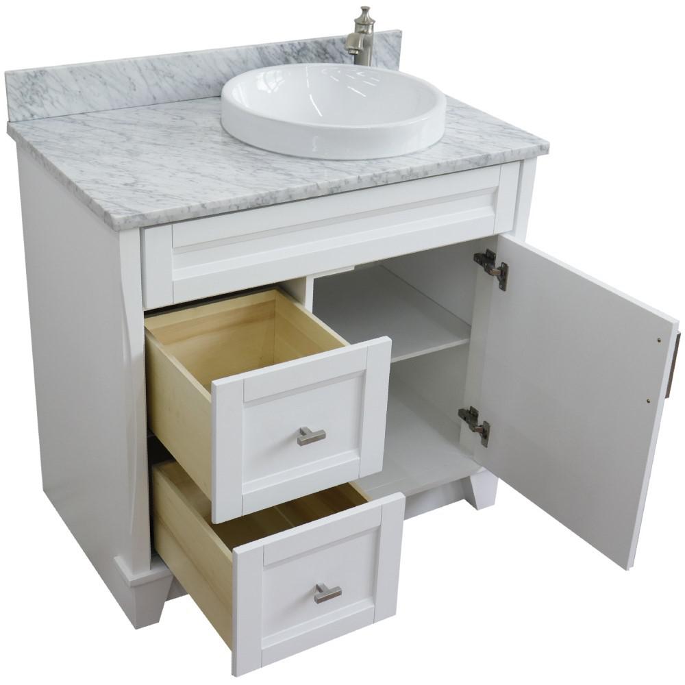 Single sink vanity in White with White Carrara marble and LEFT round sink. Picture 13