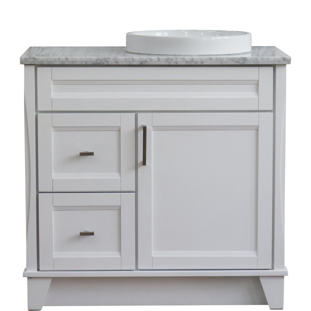 Single sink vanity in White with White Carrara marble and LEFT round sink. Picture 14