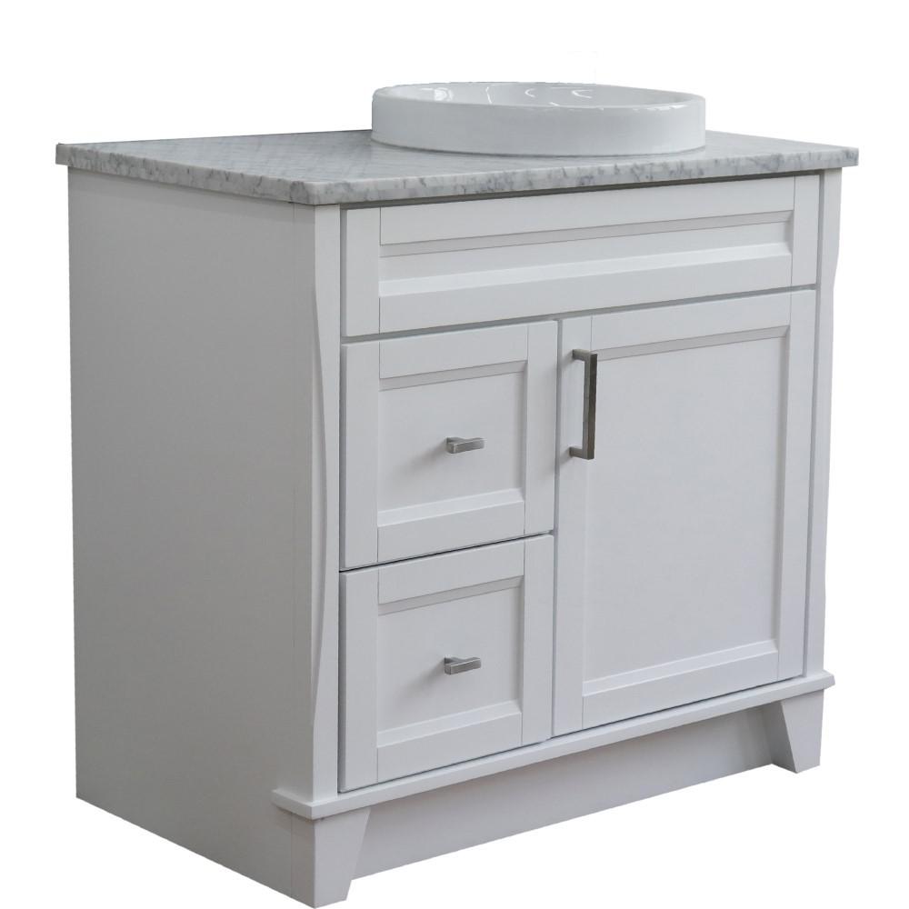 Single sink vanity in White with White Carrara marble and LEFT round sink. Picture 15