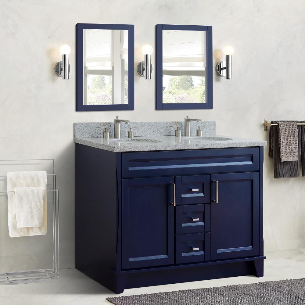 49 Double sink vanity in Blue finish with Gray granite and oval sink. Picture 2