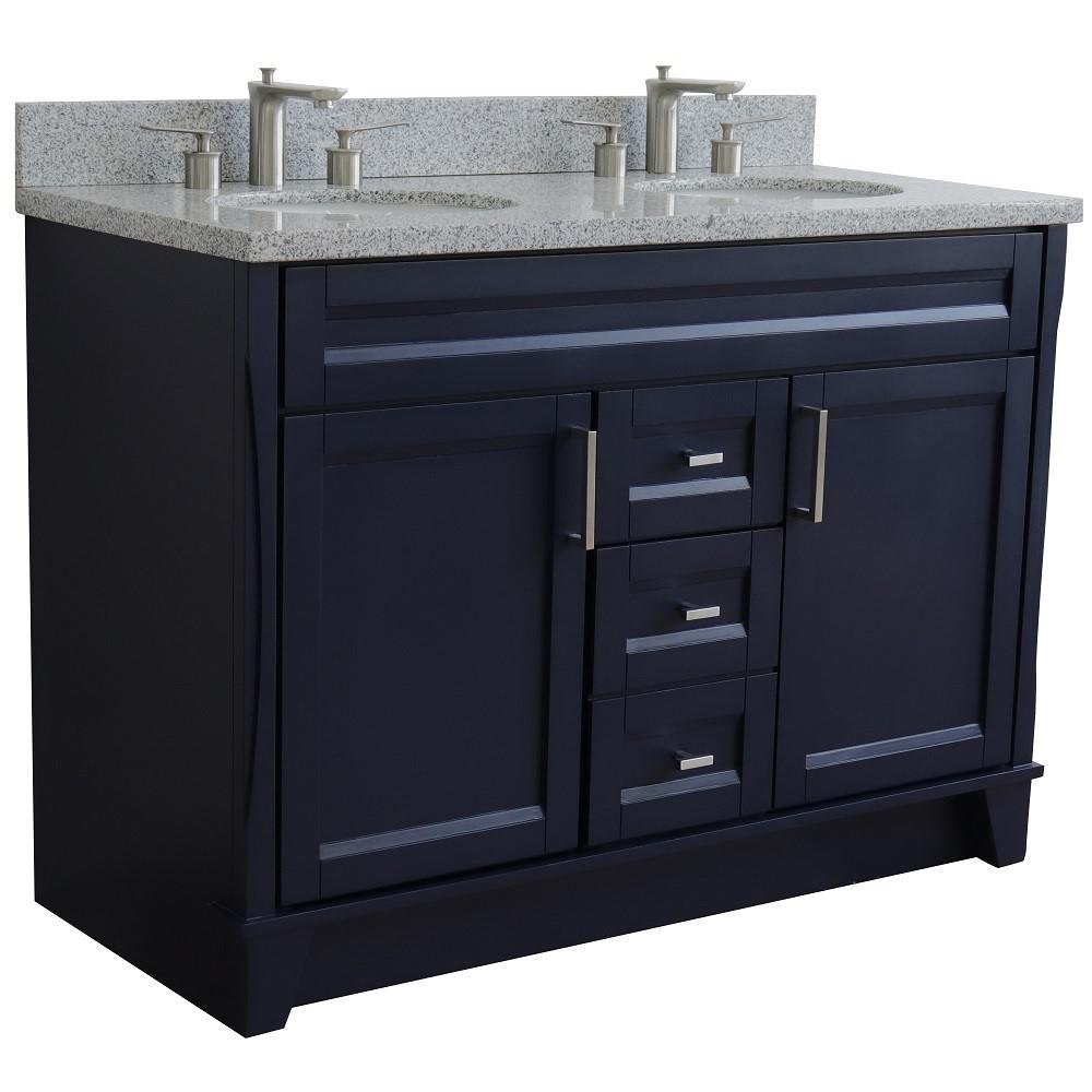 49 Double sink vanity in Blue finish with Gray granite and oval sink. Picture 4