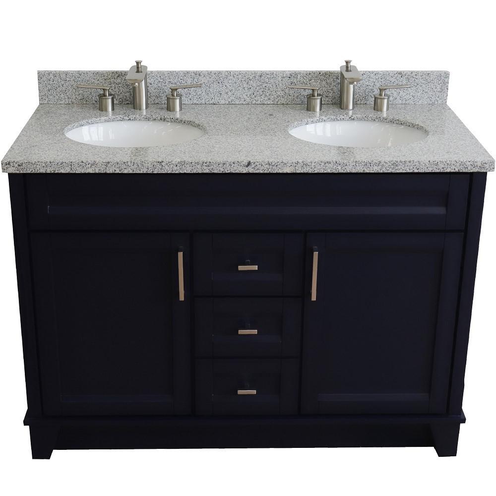 49 Double sink vanity in Blue finish with Gray granite and oval sink. Picture 8
