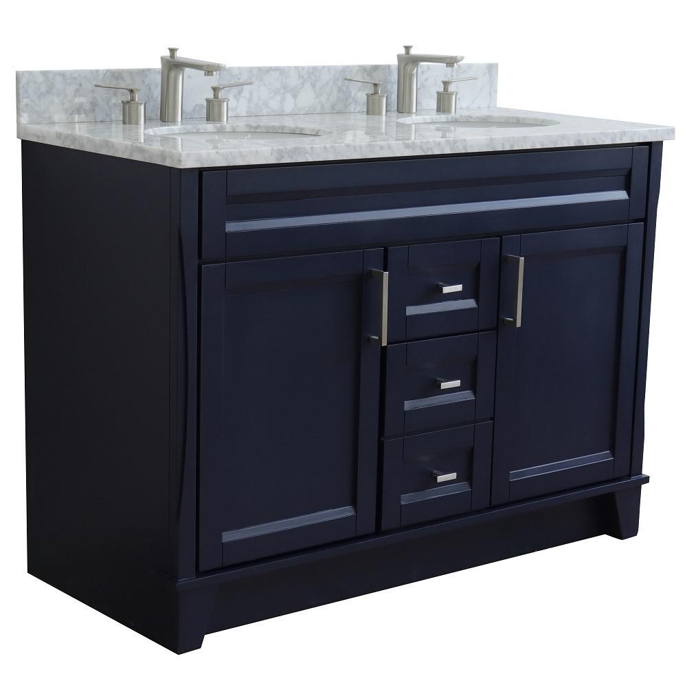 49 Double sink vanity in Blue finish with White Carrara marble and oval sink. Picture 4