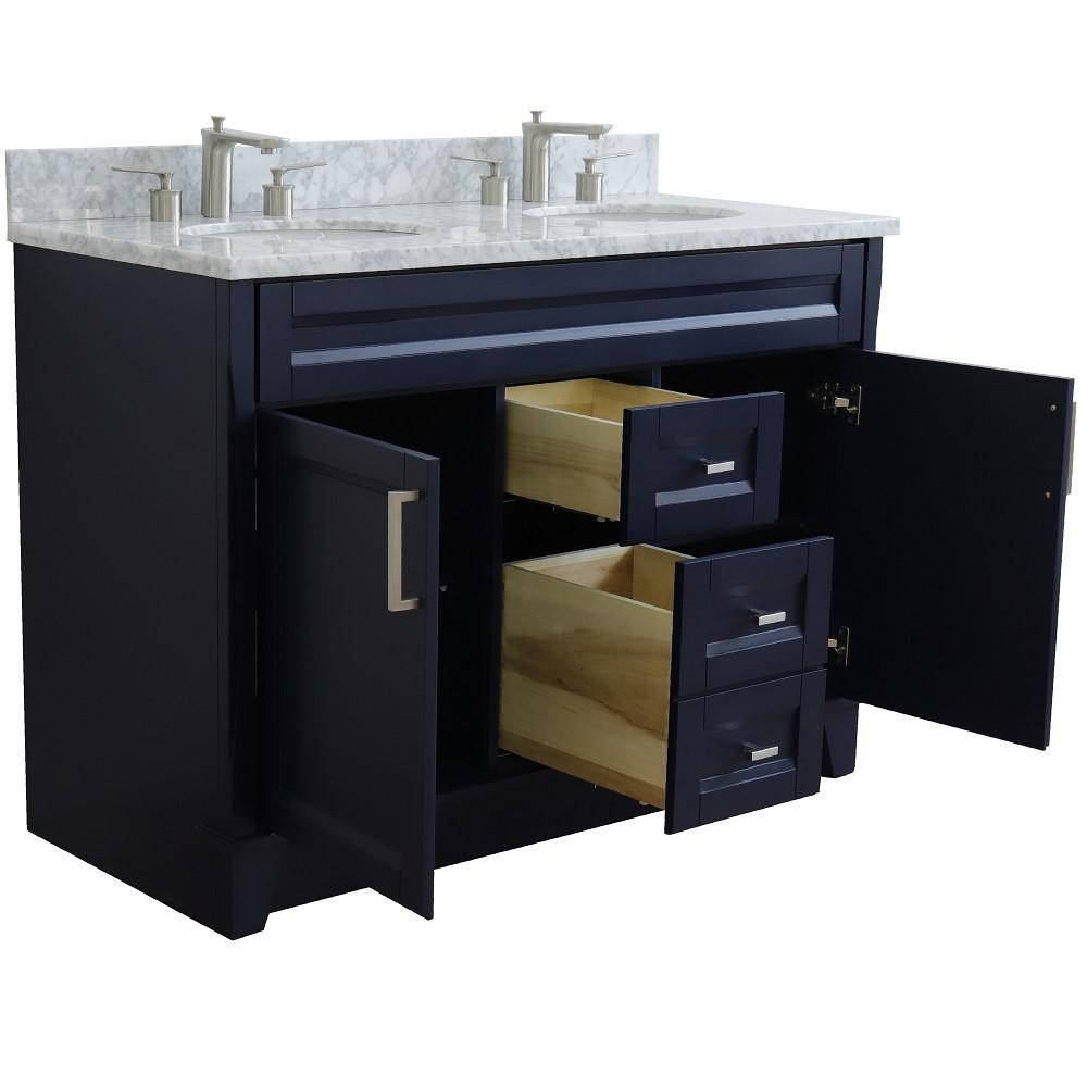 49 Double sink vanity in Blue finish with White Carrara marble and oval sink. Picture 5