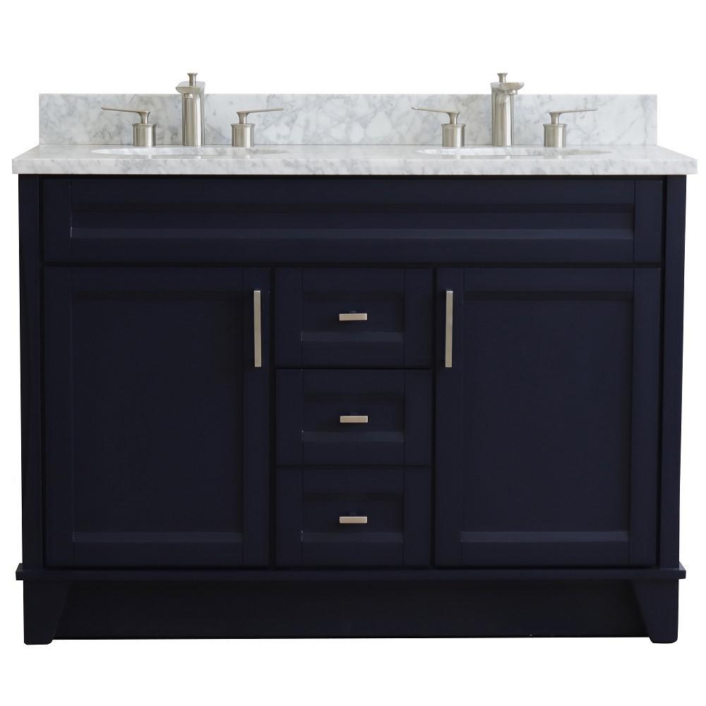 49 Double sink vanity in Blue finish with White Carrara marble and oval sink. Picture 6