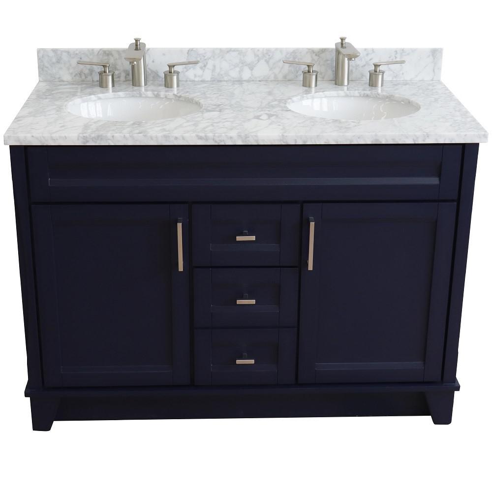 49 Double sink vanity in Blue finish with White Carrara marble and oval sink. Picture 8