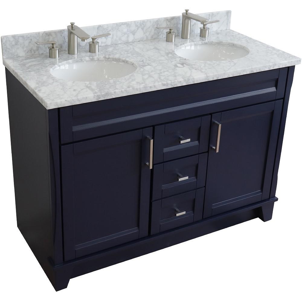 49 Double sink vanity in Blue finish with White Carrara marble and oval sink. Picture 9
