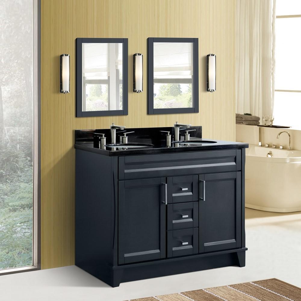 Double sink vanity in Dark Gray with Black galaxy granite and oval sink. Picture 2