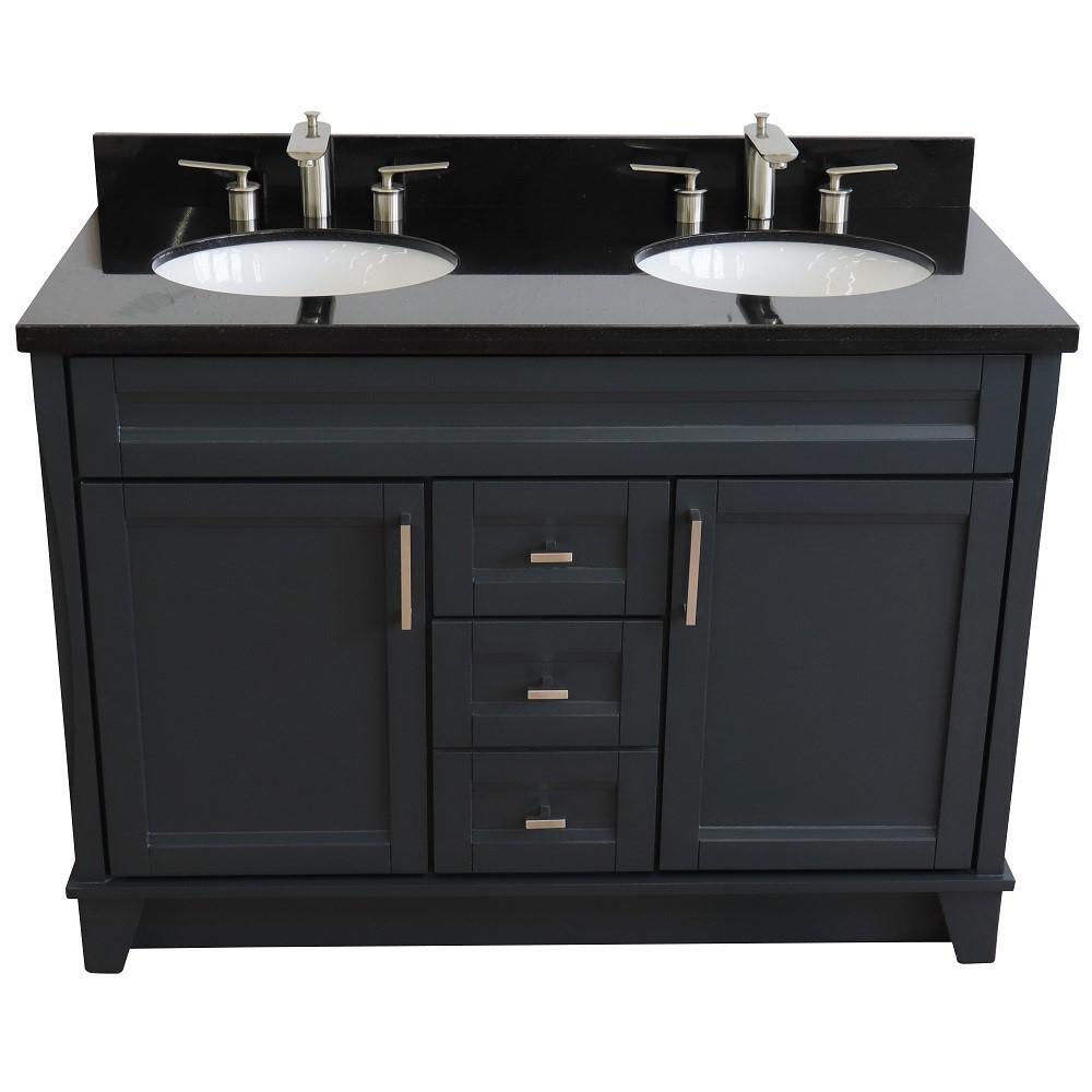 Double sink vanity in Dark Gray with Black galaxy granite and oval sink. Picture 8