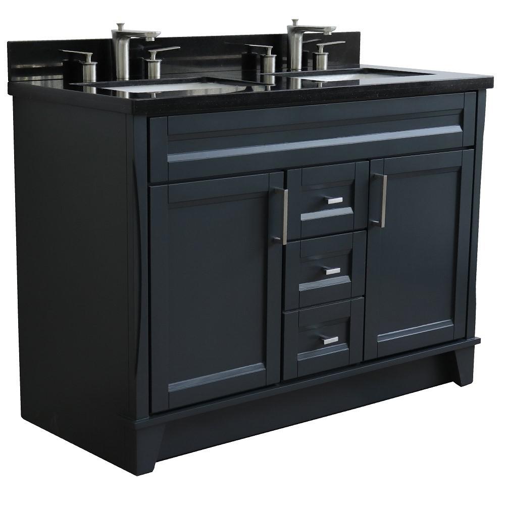 Double sink vanity in Dark Gray with Black galaxy granite and rectangle sink. Picture 5