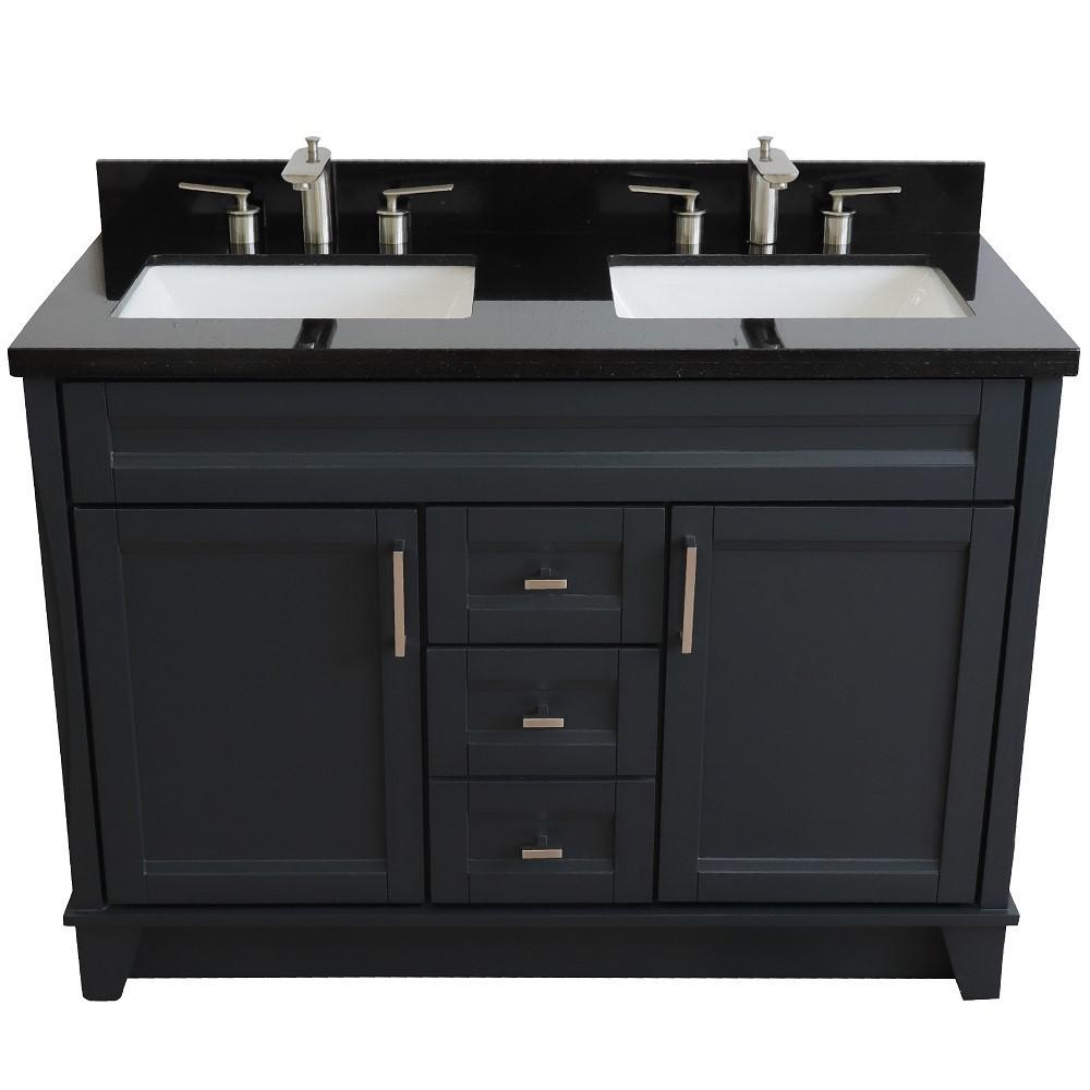 Double sink vanity in Dark Gray with Black galaxy granite and rectangle sink. Picture 9