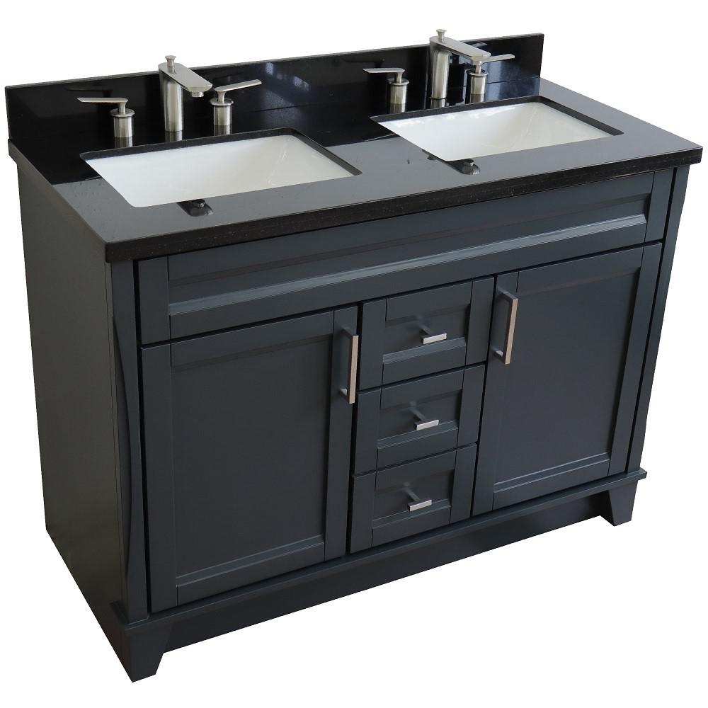 Double sink vanity in Dark Gray with Black galaxy granite and rectangle sink. Picture 10