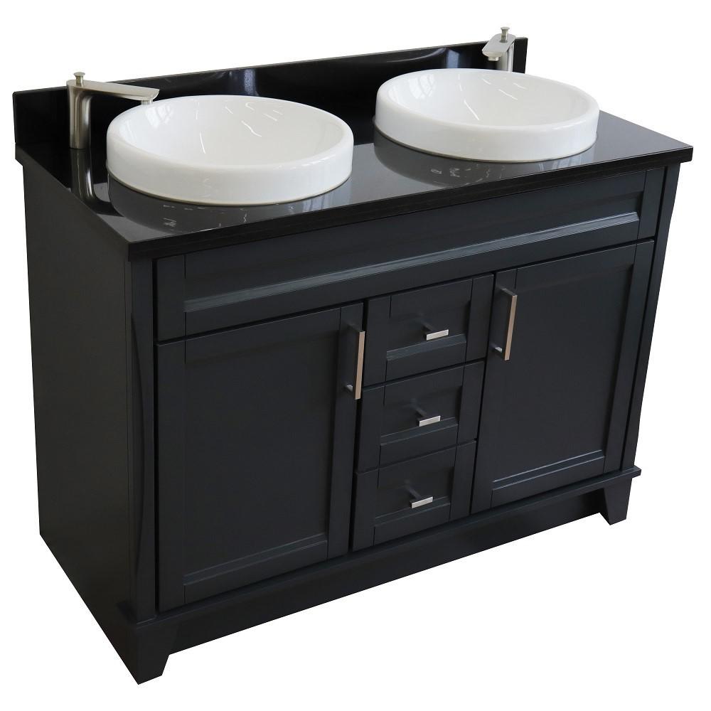 Double sink vanity in Dark Gray with Black galaxy granite and rectangle sink. Picture 22