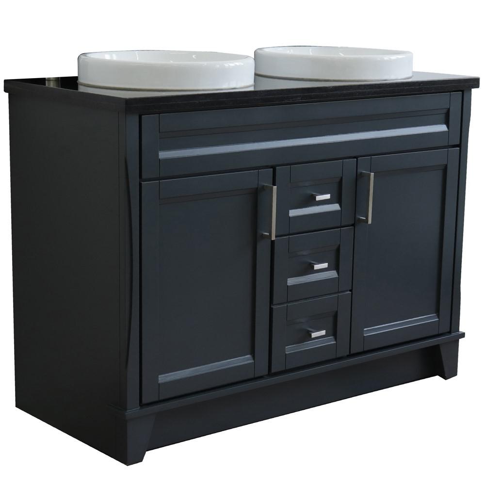Double sink vanity in Dark Gray with Black galaxy granite and rectangle sink. Picture 26