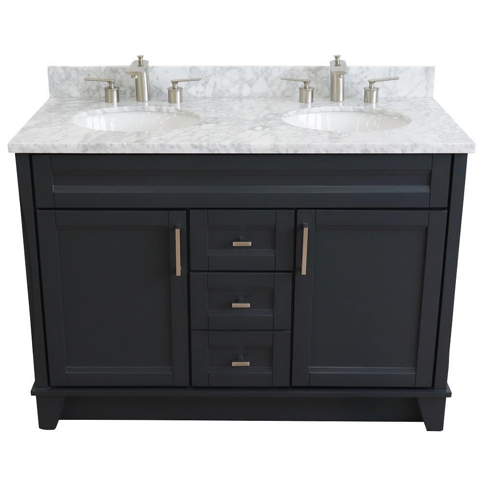 Double sink vanity in Dark Gray with White Carrara marble and oval sink. Picture 8