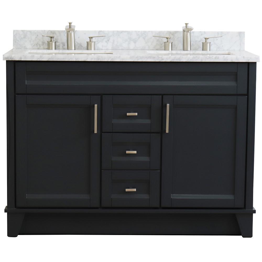 Double sink vanity in Dark Gray with White Carrara marble and rectangle sink. Picture 7