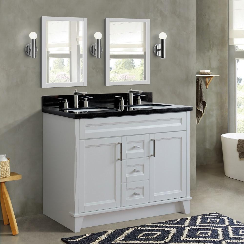 Double sink vanity in White with Black galaxy granite and rectangle sink. Picture 2