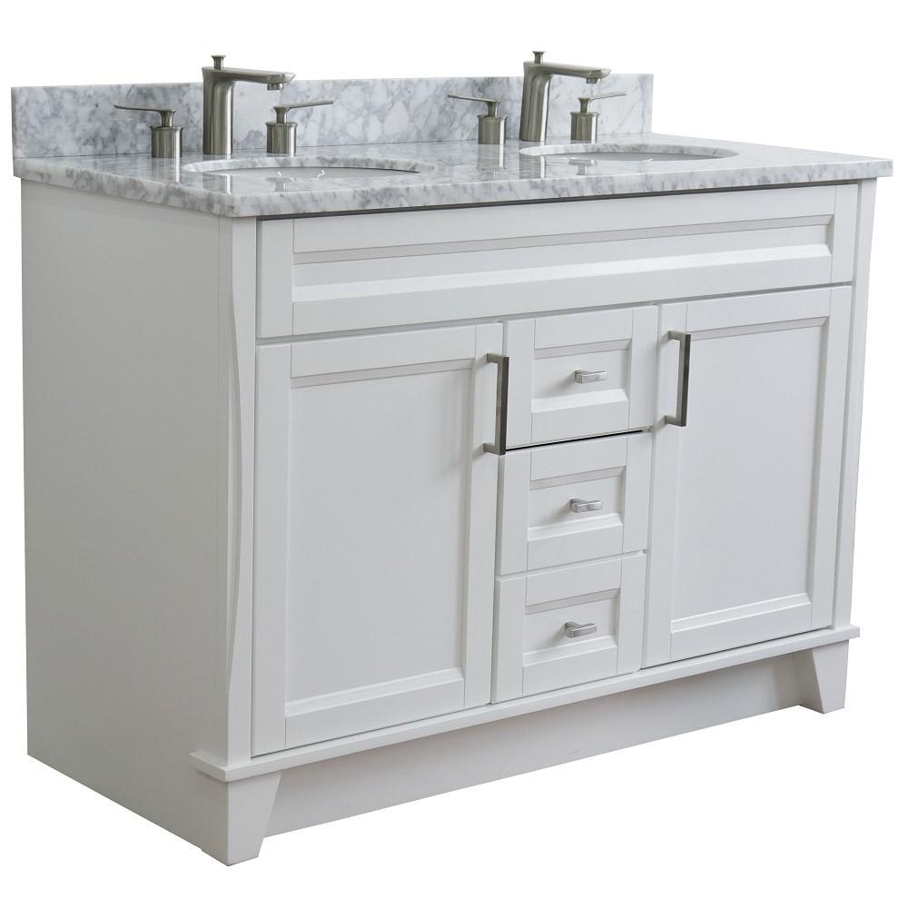 49 Double sink vanity in White finish with White Carrara marble and oval sink. Picture 5