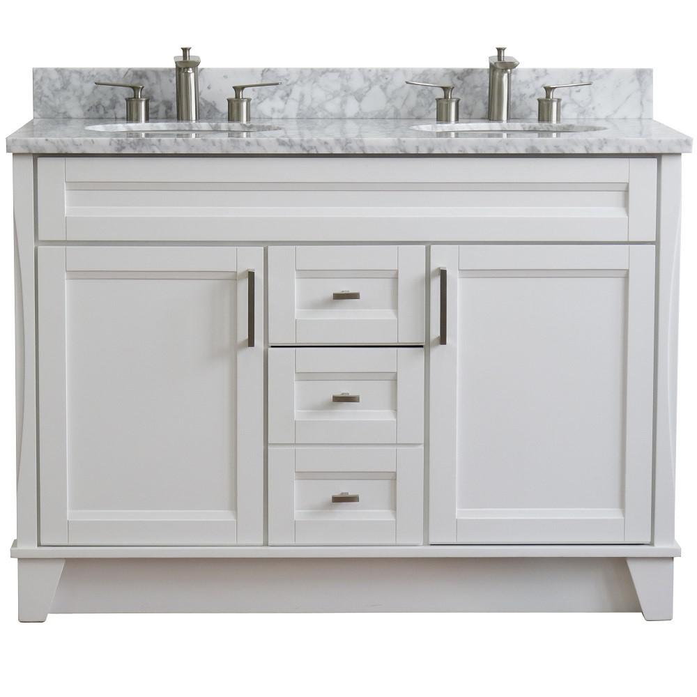 49 Double sink vanity in White finish with White Carrara marble and oval sink. Picture 7