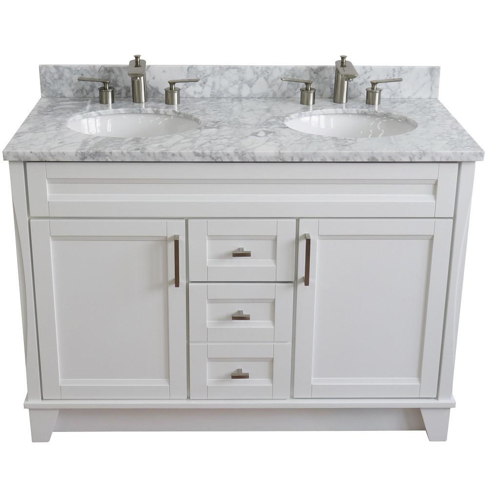 49 Double sink vanity in White finish with White Carrara marble and oval sink. Picture 9