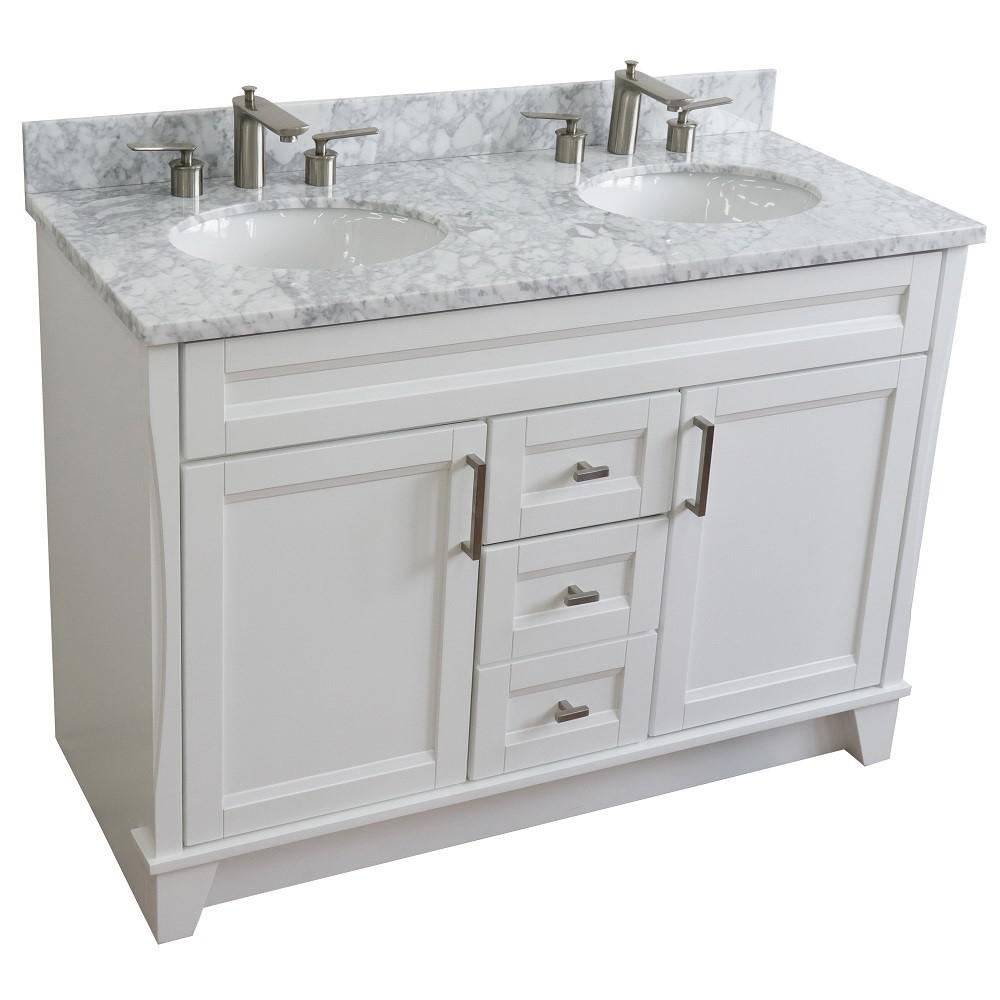 49 Double sink vanity in White finish with White Carrara marble and oval sink. Picture 10