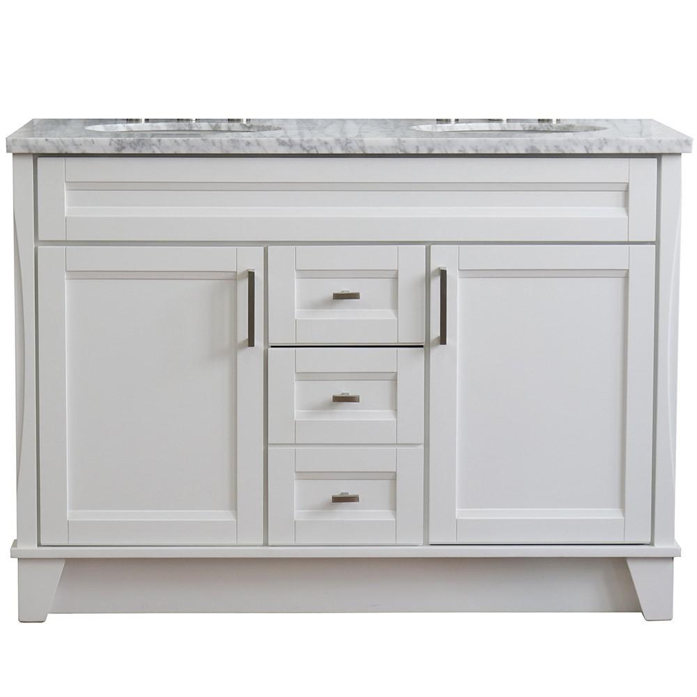 49 Double sink vanity in White finish with White Carrara marble and oval sink. Picture 13