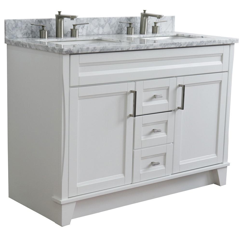 Double sink vanity in White with White Carrara marble and rectangle sink. Picture 6