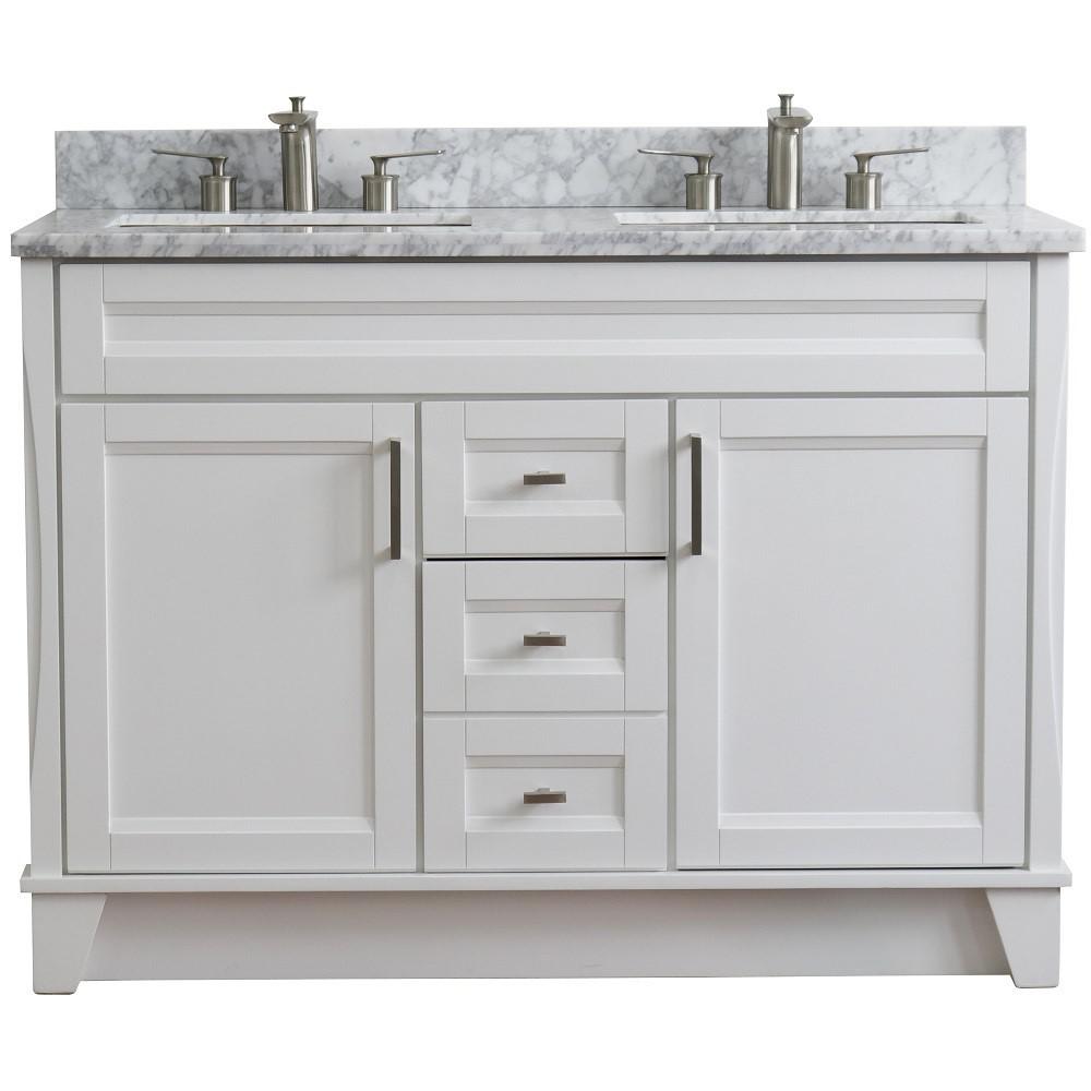 Double sink vanity in White with White Carrara marble and rectangle sink. Picture 8