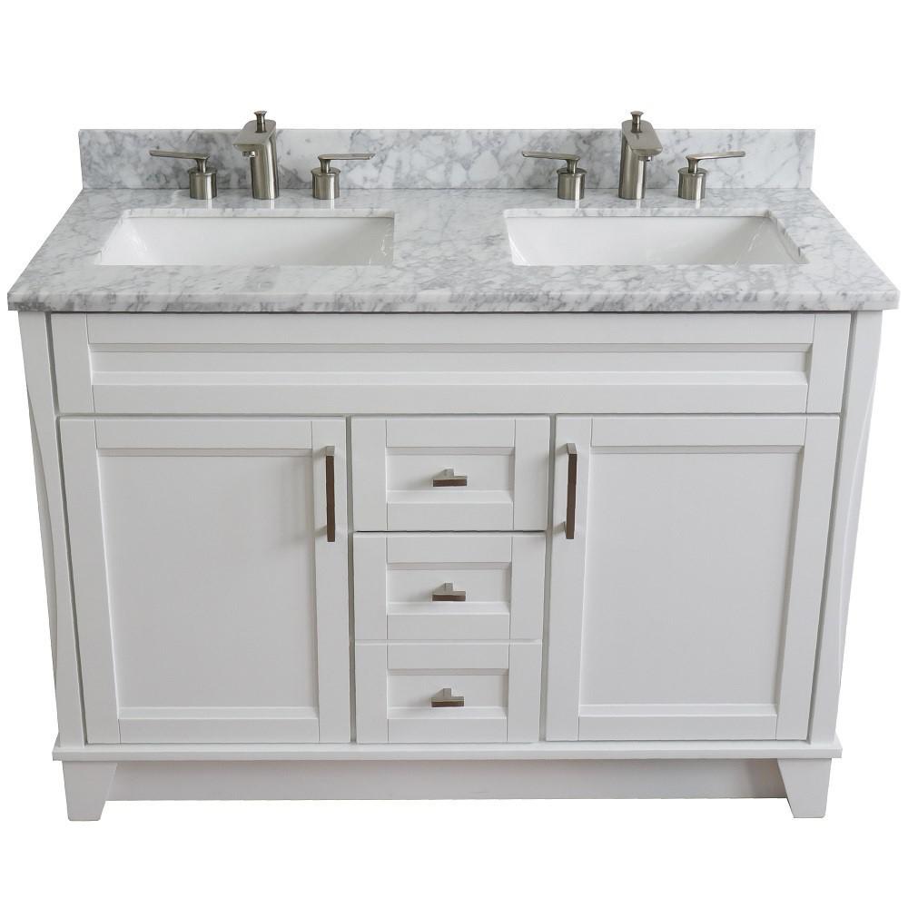 Double sink vanity in White with White Carrara marble and rectangle sink. Picture 10
