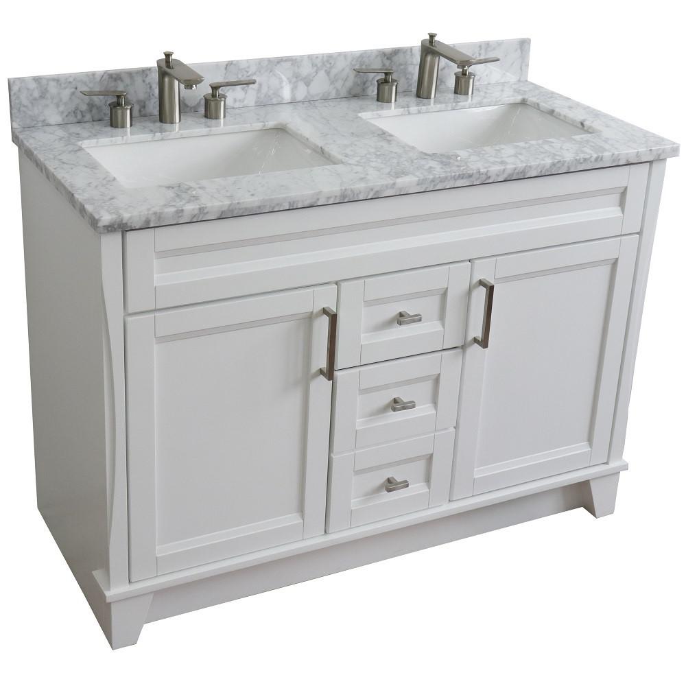 Double sink vanity in White with White Carrara marble and rectangle sink. Picture 11