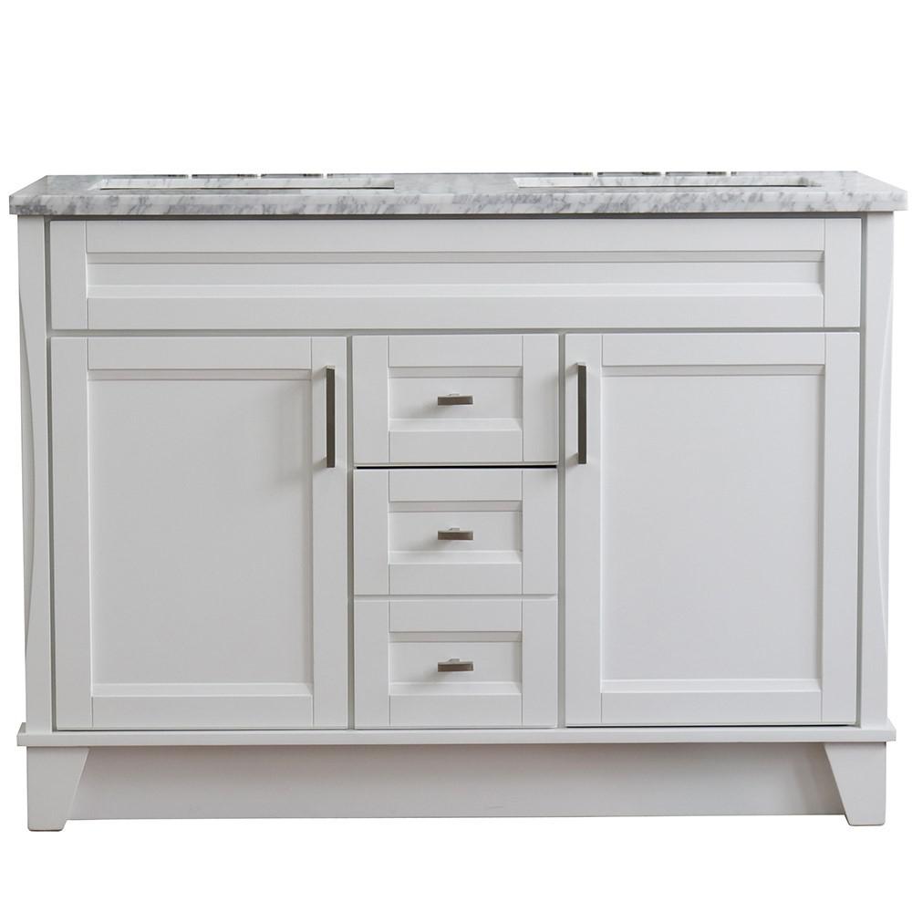 Double sink vanity in White with White Carrara marble and rectangle sink. Picture 14