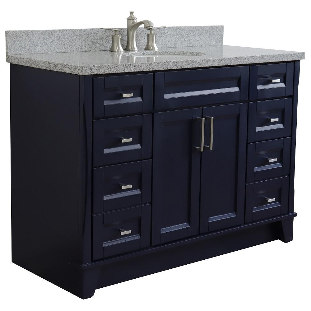 49 Single sink vanity in Blue finish with Gray granite and oval sink. Picture 5