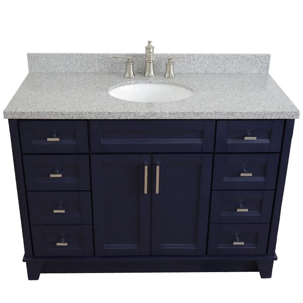 49 Single sink vanity in Blue finish with Gray granite and oval sink. Picture 10
