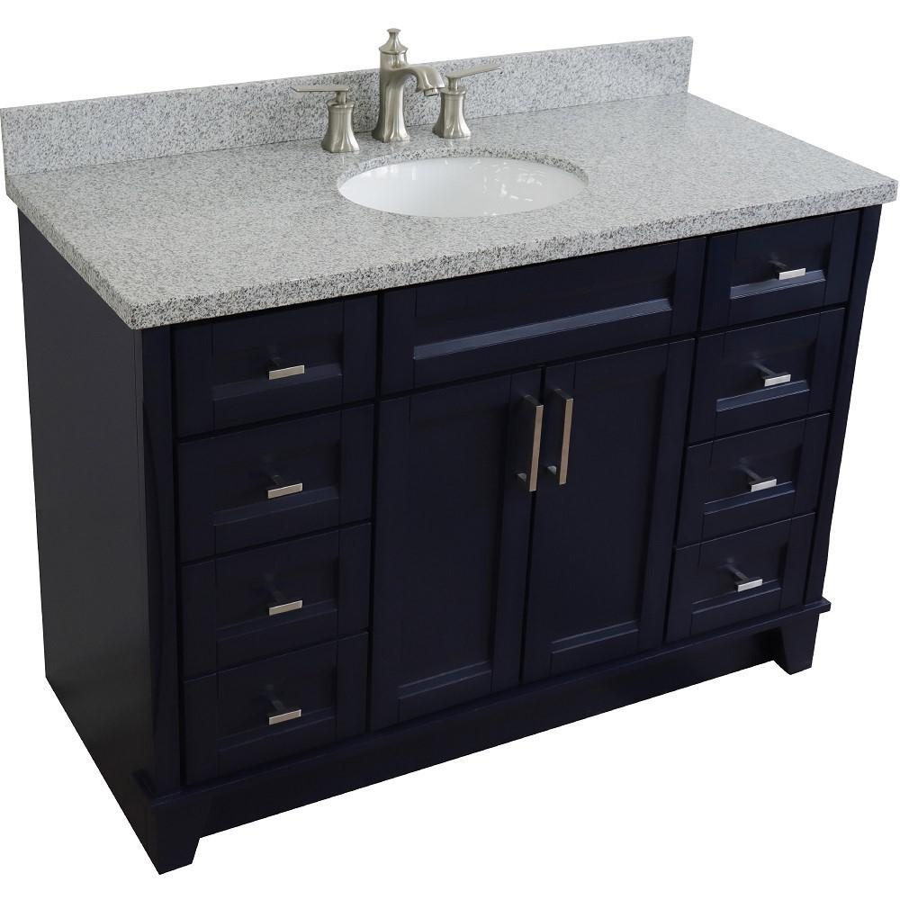 49 Single sink vanity in Blue finish with Gray granite and oval sink. Picture 11