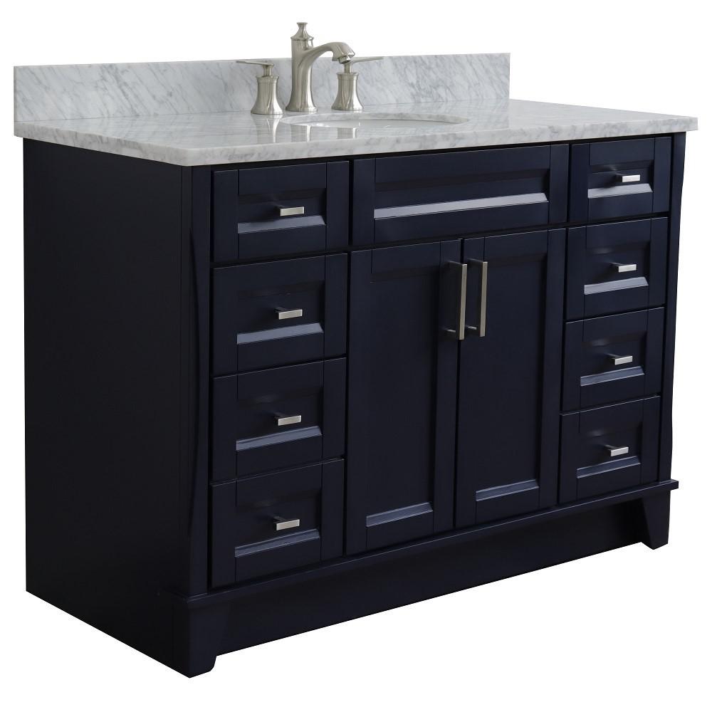 49 Single sink vanity in Blue finish with White carrara marble and oval sink. Picture 5