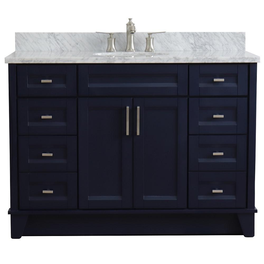 49 Single sink vanity in Blue finish with White carrara marble and oval sink. Picture 7