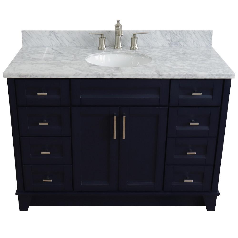 49 Single sink vanity in Blue finish with White carrara marble and oval sink. Picture 10