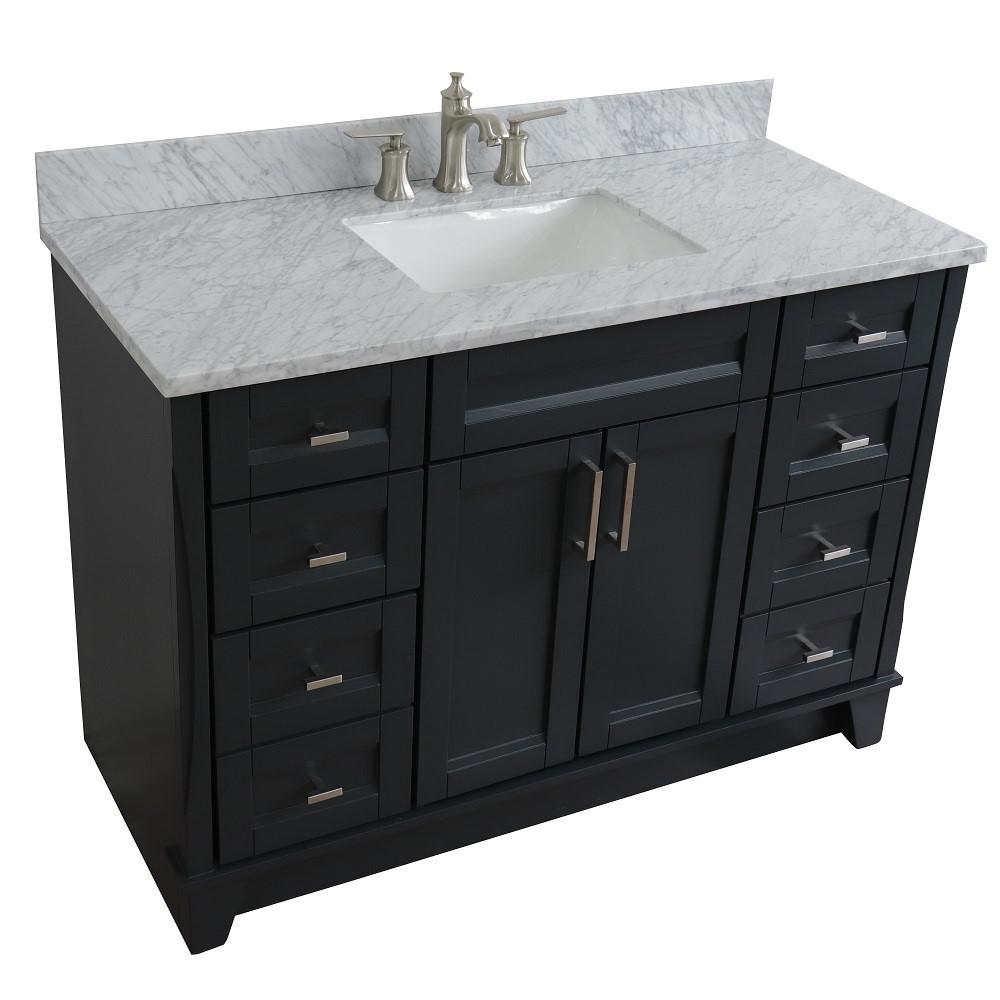 Single sink vanity in Dark Gray with White Carrara marble and rectangle sink. Picture 12