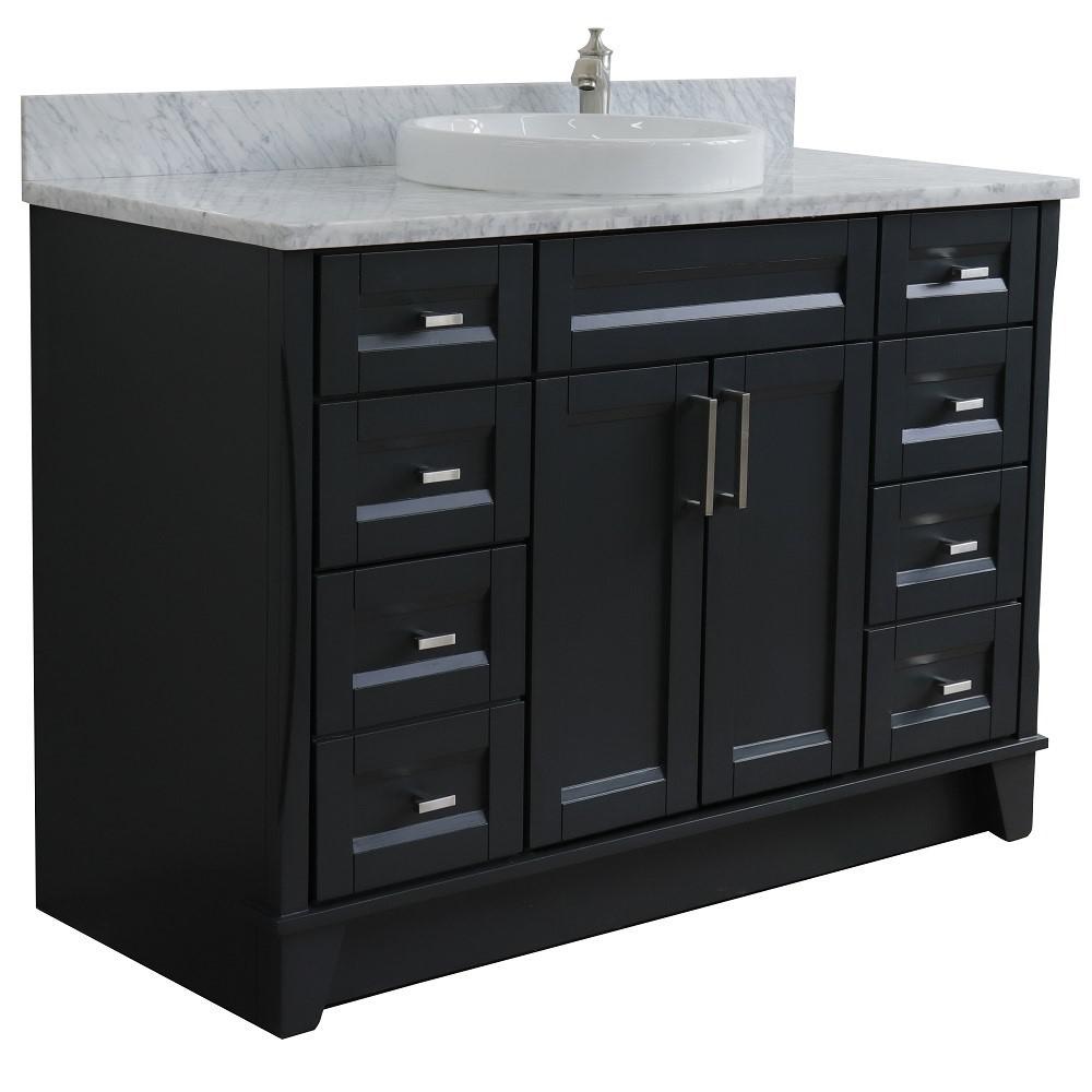 Single sink vanity in Dark Gray with White Carrara marble and rectangle sink. Picture 21