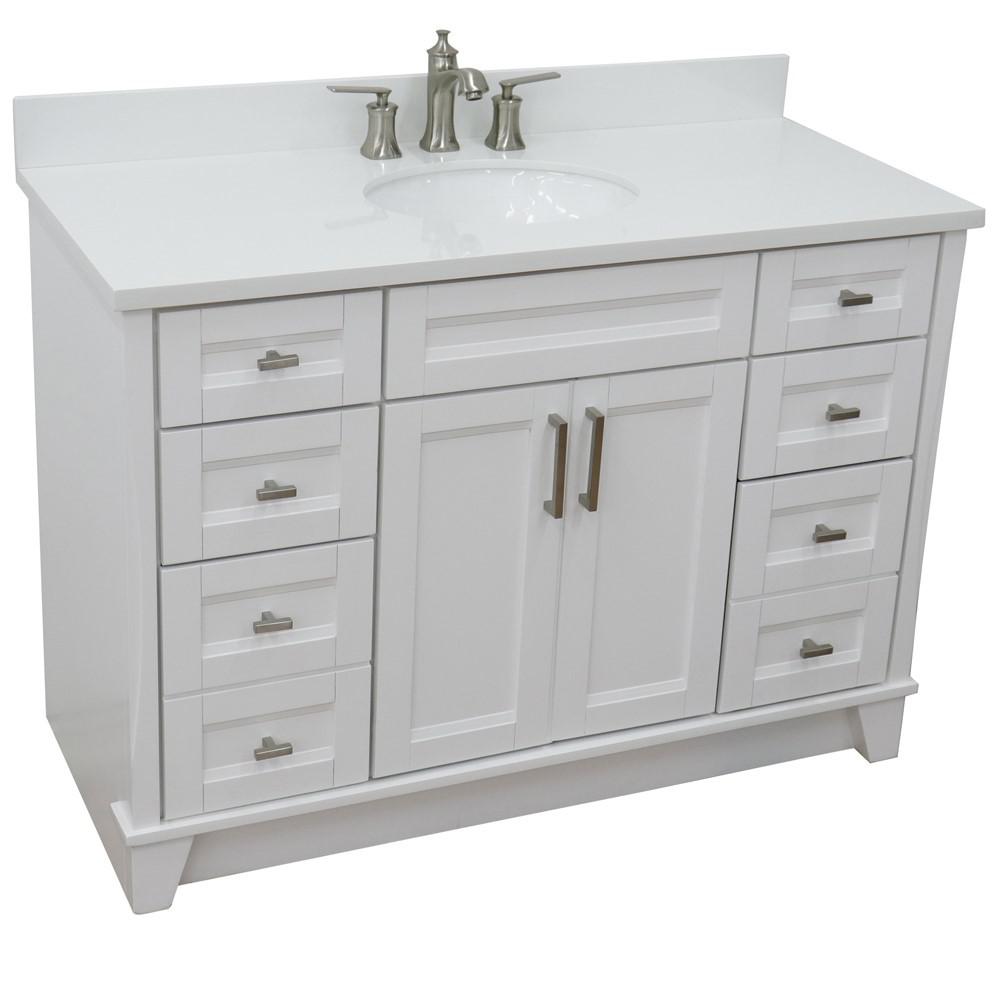 49 Single sink vanity in White finish with White quartz and oval sink. Picture 13