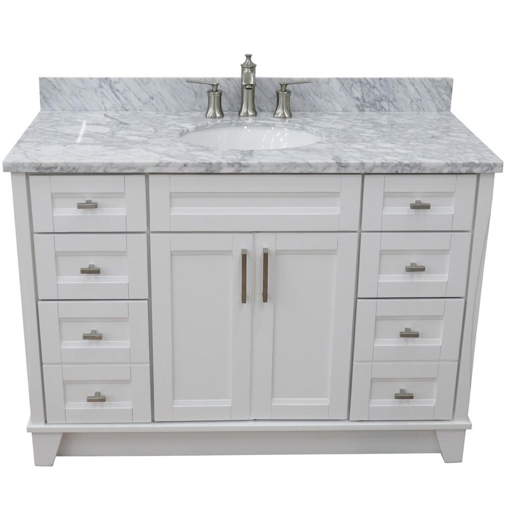 49 Single sink vanity in White finish with White Carrara marble and oval sink. Picture 12
